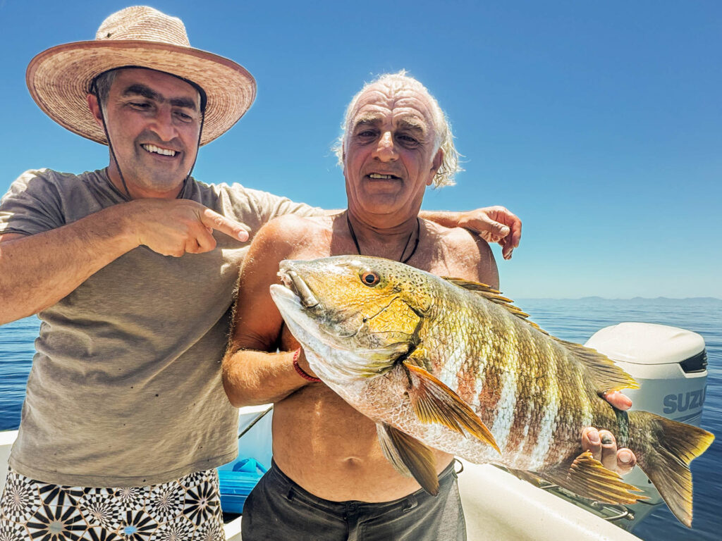 Two Anglers with a Cabrilla – La Paz Fishing